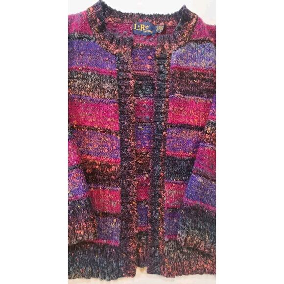 Vintage 80s Leroy Knitwear Chunky Knit Open Cardigan Sz LG Jewel Tones Cozycore - Picture 3 of 11